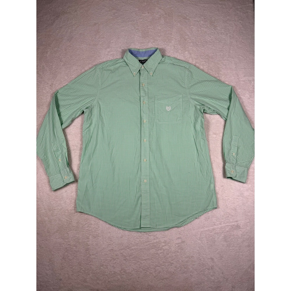 Chaps Button Down Shirt Mens Large Tall LT Green Gingham Easy Care Long Sleeve